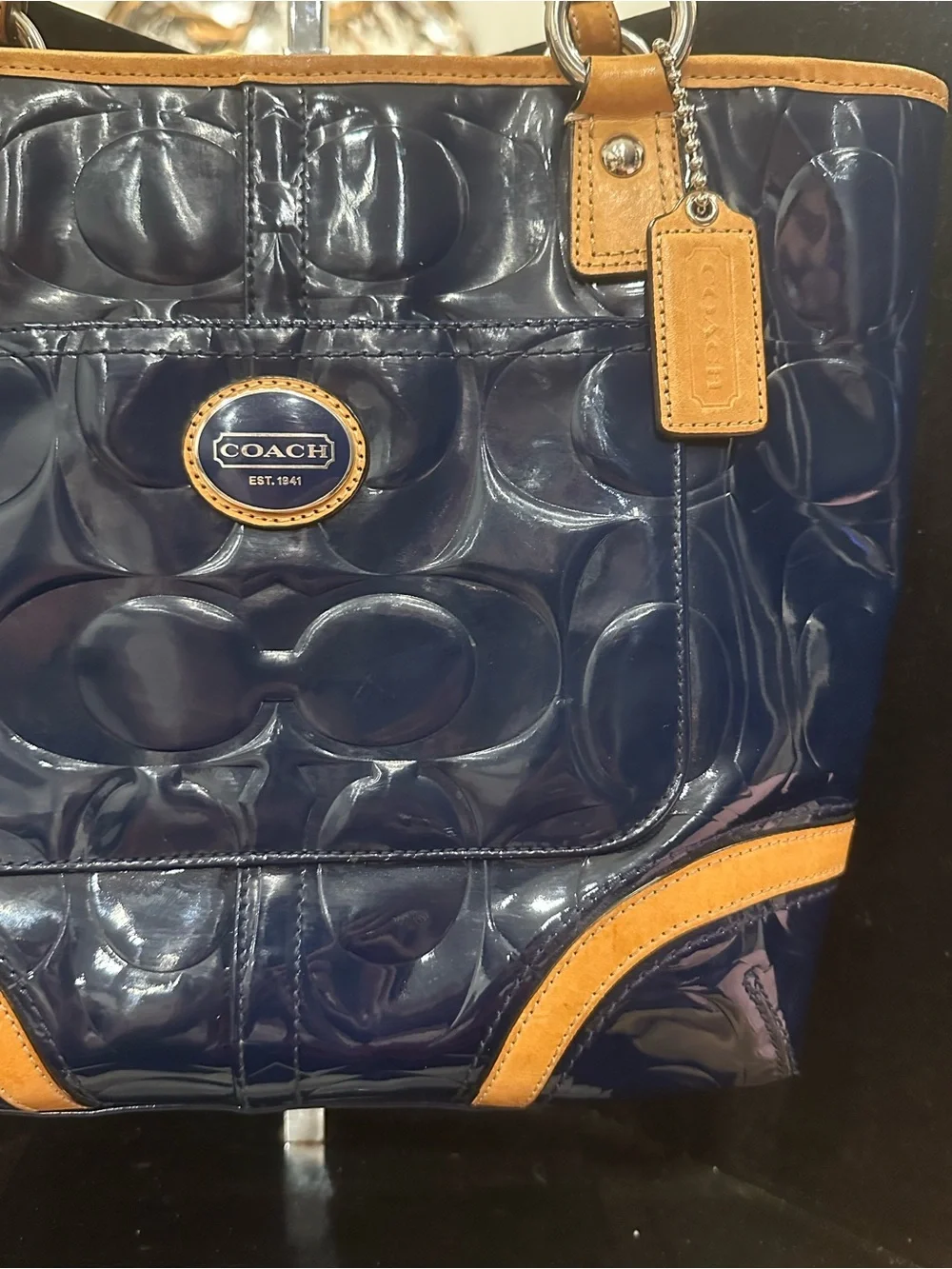 Coach #266 Peyton Embossed Navy Patent Tote with Tan Leather Trim